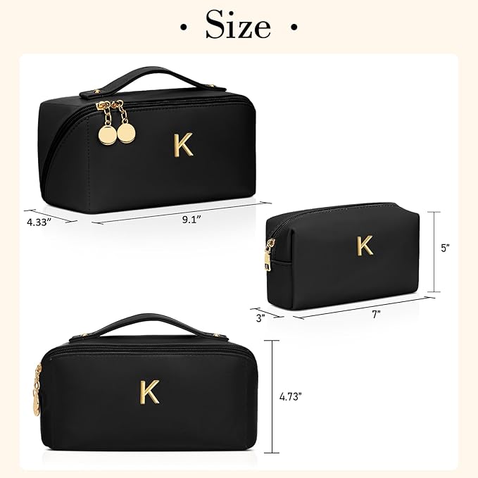 Valentines Day Gifts for Women Teen Girl, Personalized Initial Makeup Organizer Bag Set, Open Flat Travel Cosmetic Bag With Clear Divider and Handle(Black,K)