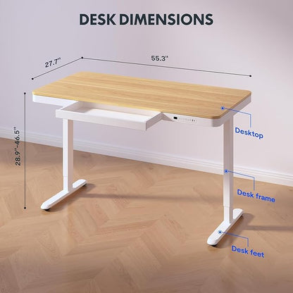Standing Desk with Drawer, Electric Height Adjustable Home Office Desk with Storage & USB Ports, 55 inch Maple Wood Tabletop/White Frame