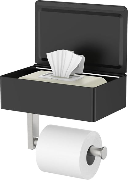 FORIOUS Toilet Paper Holder with Shelf, Sanitary Napkin Receptacle Tampon Holder, Wall Mount Toilet Paper Holder with Storage, Flushable Wipes Dispenser Fits for Bathroom Commercial Black & Nickel