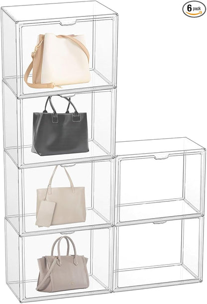 6 Pcs Clear HandPurse Storage Organizer, 15.7"x 11.8"x 9.84" Purse Storage Organizer for Closet Clear Stackable Handbag Display Case Box with Magnetic Door for Collectibles, Cosmetic, Heels