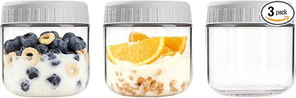 Overnight Oats Containers with Lids, 10oz Wide Mouth Mason Jars with Lids, 3 Pack Glass Jars with Airtight lid for Chia Pudding Yogurt Salad, Meal Prer Oatmeal Jars, Gray