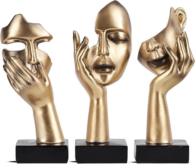 oliruim 3 Pcs Thinker Small Statue Set - Black Gold Home Decor Abstract Art Figurines for Shelves, Living Room Coffee Table, Office Desktop (3 Pcs Gold, 6")