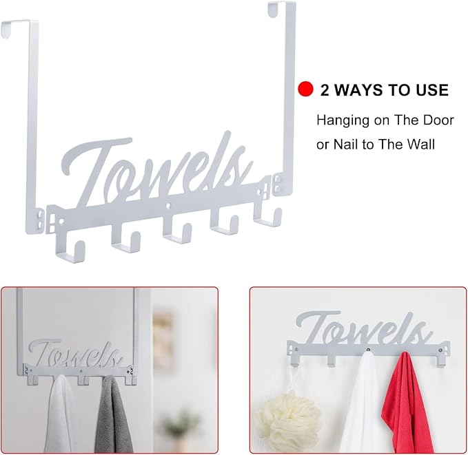 Azmoncy Over The Door Hooks, Towel Rack for Bathroom Towel Holder for Hanging Heavy Duty, Over Door Towel Hanger with 7 Coat Hooks for Bedroom Bathroom Kitchen Towels, Silver