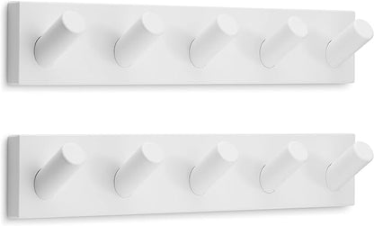 LARHN Wall Mounted Coat Rack, White with 5 Heavy-Duty 1" Diameter Hooks (2-Pack), 16.5" - Wall Hook Rack - Modern Scandinavian Home Decor