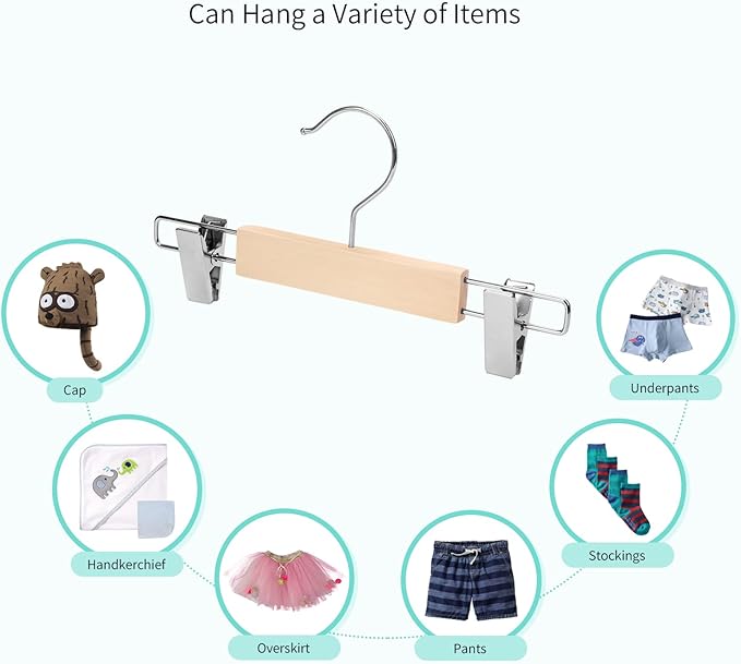 Nature Smile 20 Pack 10.2 Inches Unfinished/Natural Kids Baby Toddler Infant Children Solid Wooden Pants Skirts Hangers Wood Trousers Bottom Hangers with 2-Adjustable Clips 360° Stronger Swivel Hook