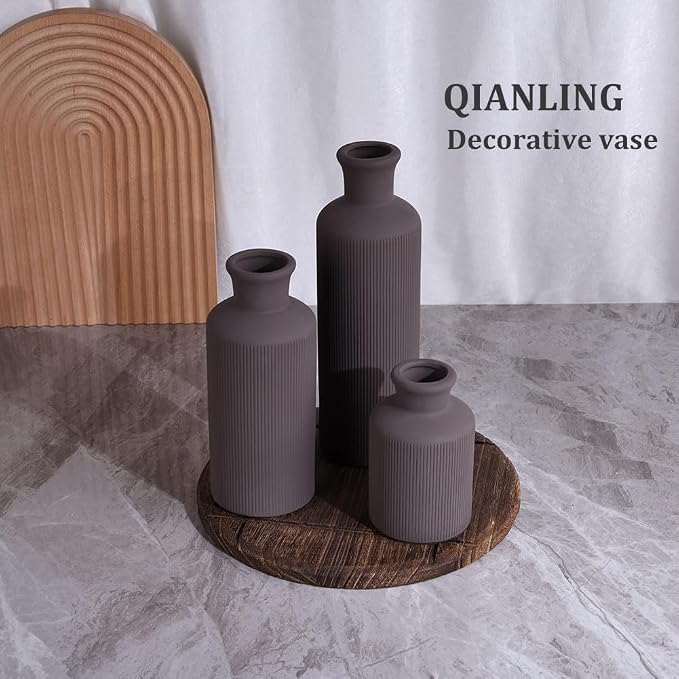 Brown Ceramic Vases Set - 3 Brown Small Vase, Farmhouse Country Vases Home Decor, Living Room Decoration, Table Decoration, Fireplace Decor, and Entrance Decorations Centerpieces