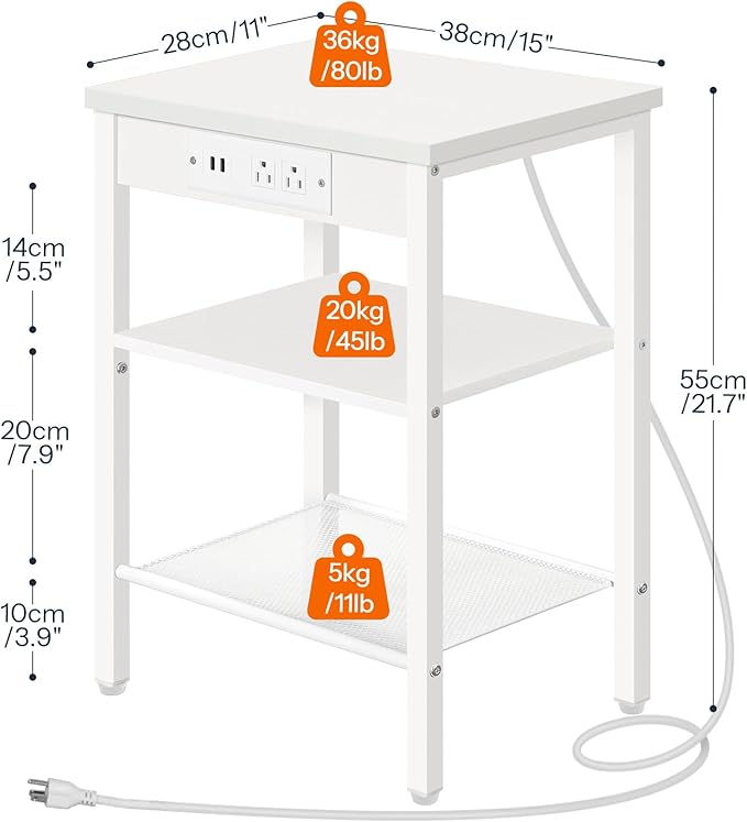 HOOBRO Side Table with Charging Station and USB Port, Small End Table for Small Space, 3-Tier Nightstand with Adjustable Shelf, for Living Room, Bedroom and Balcony, White WW112BZ01