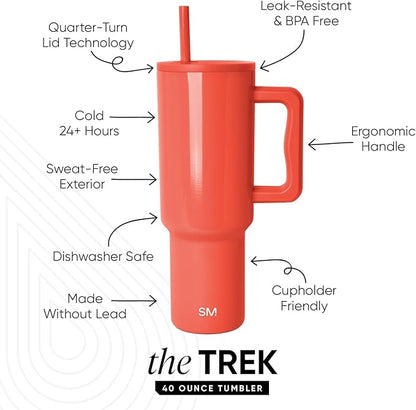Simple Modern 40 oz Trek Tumbler with Handle and Straw Lid | Cup Holder Friendly Insulated Stainless Steel Travel Mug | Flame