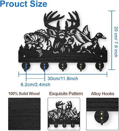 MAYJOYDIY Fish Deer Duck Key Holder for Wall Wooden Fish Bird Animal Key Rack 11.8×7.8inch Decorative Forest Tree Fishing Key Hanger with 5 Alloy Hooks for Entryway Front Door Kitchen Office