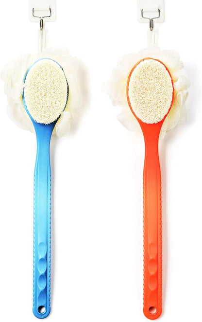 Shower Body Brush with Bristles and Loofah,Back Scrubber Bath Mesh Sponge with Curved Long Handle for Skin Exfoliating Bath, Massage Bristles Suitable for Wet or Dry, Men and Women (Grey)