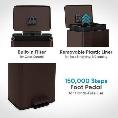 Simpli-Magic 50 Liter / 13.2 Gallon Soft-Close, Smudge Resistant Trash Can with Foot Pedal and Built in Filter- Brown