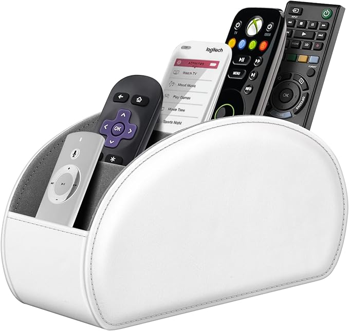 Fintie Remote Control Holder, 5 Compartments Vegan Leather TV Remoter Caddy Desktop Organizer Makeup Brush Holder Storage Fits TV Remotes, Media Controllers, Office Supplies(White)