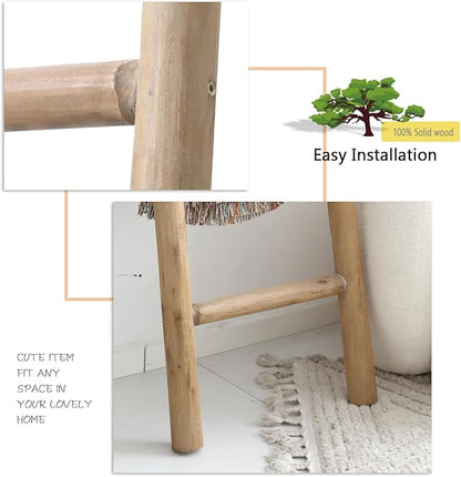 FUIN 57in Wood Blanket Ladder Living Room Decorative Wall Leaning Farmhouse Quilt Display Holder Rustic Wooden Towel Rack for Bathroom, Brown