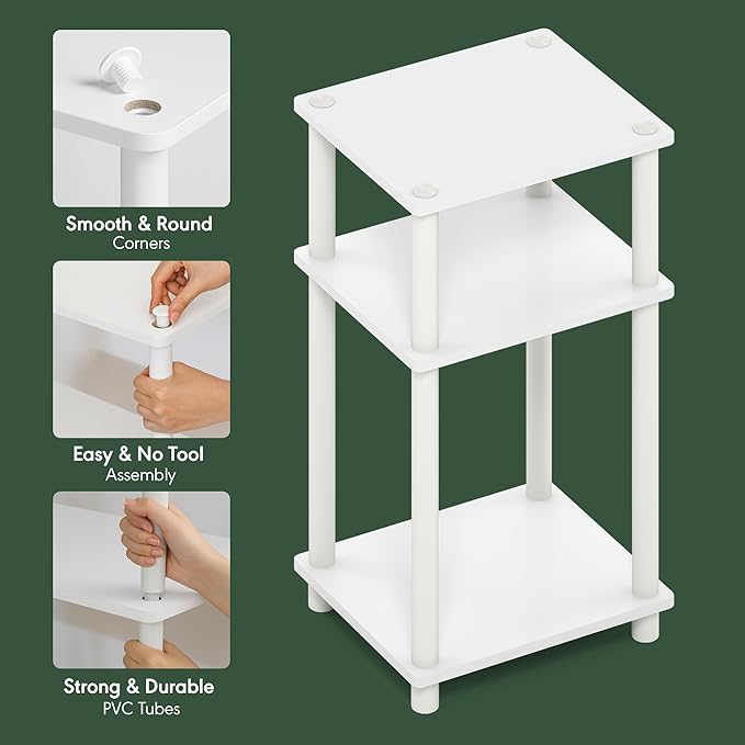Furinno Just Turn-N-Tube Open Storage Nightstand, 1 Pack, 3-Tier, White/White