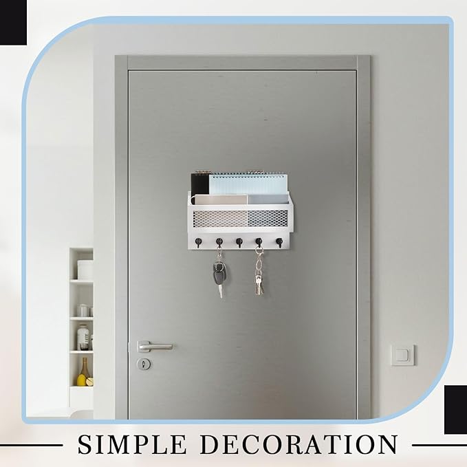 Magnetic Mail and Key Holder for Wall Fridge Wooden Mail Organizer with 5 Key Hooks for Home Bedroom Fridge Kitchen Decorative (White)