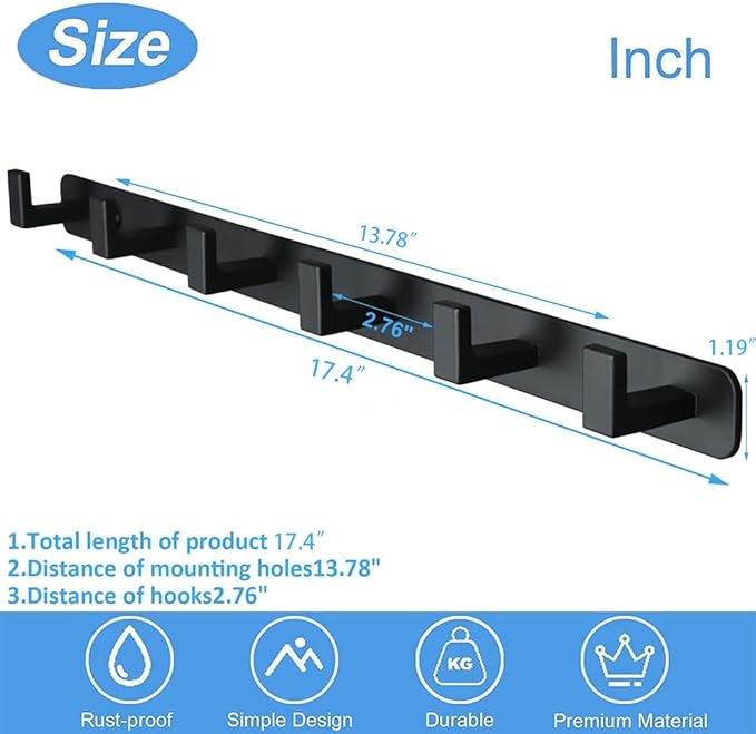 Coat Rack, Heavy Duty Stainless Steel 6 Tri Coat Hook Hanger, Wall Mounted Storage Wall Hooks, Rustic Clothes Hook/Key Hook Rail for Bathroom Kitchen Entryway(6 Hook Black)