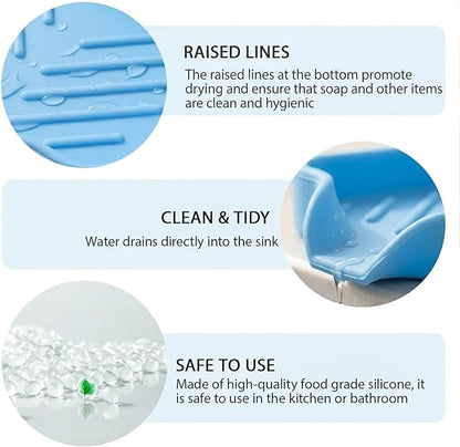 MicoYang Silicone Soap Dish with Drain Spout, Self-Draining Sink Organizer Tray for Bathroom & Kitchen, Sponges, Dispensers & Soap Holder, Non-Slip and Dishwasher Safe, Light Blue (Compact, 4.9"×3.2")