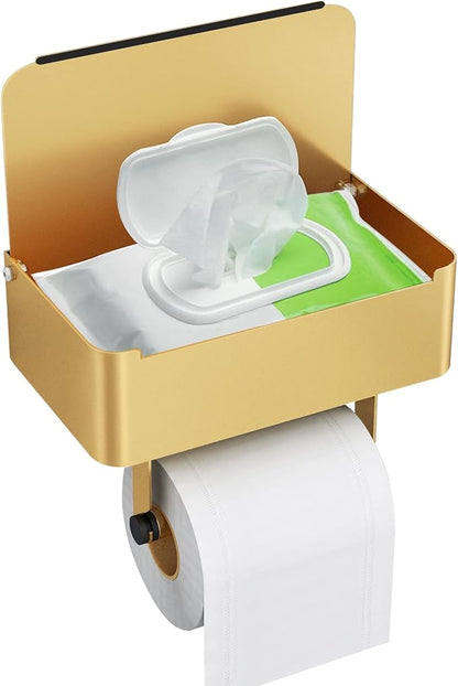 JUYSON Toilet Paper Holder with Shelf, Flushable Wipes Dispenser Fits for Bathroom Wipe Storage, Keep Your Wipes Hidden Out of Sight - SUS304 Stainless Steel Wall Mount Organizer (Color Gold)