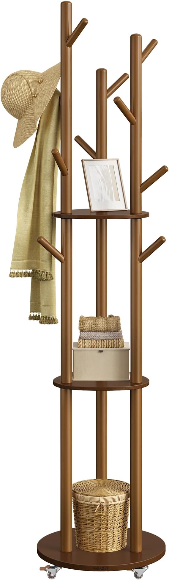 VASAGLE Freestanding Coat Rack Stand, Coat Tree with 11 Hooks, 3 Shelves, 4 Removable 360° Swivel Wheels, Wooden Hooks and Poles, for Entryway, Bedroom, Living Room, Walnut Brown URCR023K01