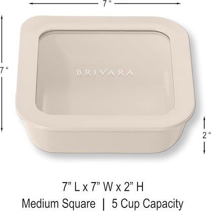 BRIVARA HOME Ceramic Coated Glass Food Storage Container | No PTFE, PFOA, PFAS, and BPA | Reusable Non Toxic Meal Prep Container with Glass Lid | Easy To Store | 5 Cup Square [Crema]