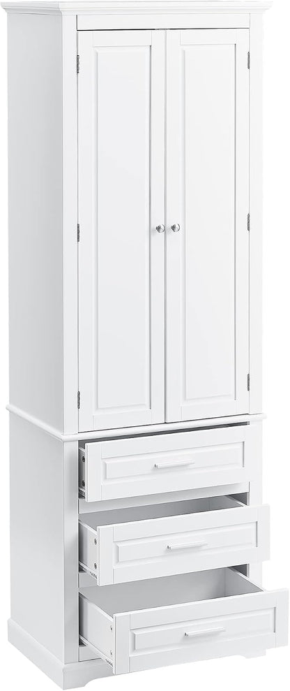 Polibi Tall Storage Cabinet with 3 Drawers, 3-Tier Adjustable Shelves & 2 Doors, Floor Freestanding Linen Cabinet for Bathroom, Living Room (White)