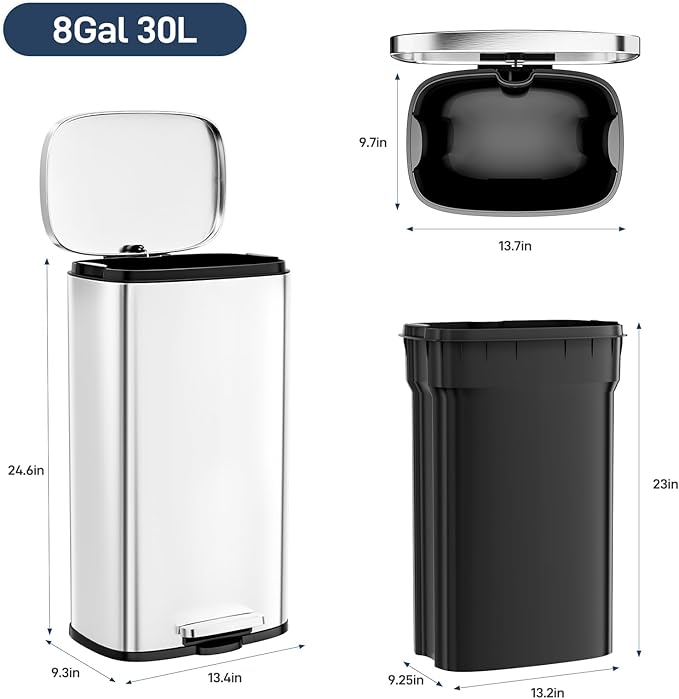 Arlopu 8 Gallon Step Trash Can, Stainless Steel Garbage Bin, Soft-Close Rubbish Bin with Removable Plastic Inner Bucket, Fingerprint-Proof, Lid Dustbin, Suit for Kitchen Home (Silver, 30L)