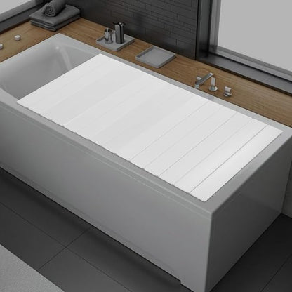 White Wood Grain Foldable Bathtub Cover, PVC Waterproof Dustproof Bath Tub Lid, Heat Preservation Bathroom Tub Tray for Home Hotel Spa (59.06×31.5×0.26)