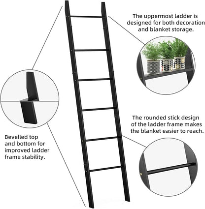 BAMBANG 6-Tier Blanket Ladder for Living Room, Blanket Quilt Ladder Rack Rustic Decorative Towel Holder, Wall Leaning Blanket Ladder Shelf Storage Farmhouse Decor for Bedroom Bathroom, Black