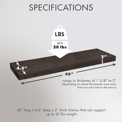Urban Legacy Reclaimed Barnwood Planks | Floating Shelves for Wall w/Flush Mount Shelf Bracket Set Included | Set of 2 (Coffee Bean, 40"x 4.5"x 2")
