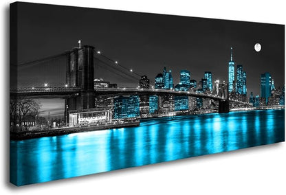 Wall Art Canvas Painting Black White and Blue New York Brooklyn Bridge 1 Piece Cityscape Night Building Picture Poster Print Framed for Living Room Bedroom Kitchen Office Home Decor