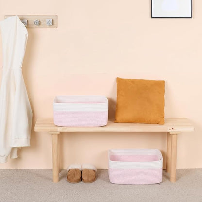 MiniArk Large Storage Baskets for Shelves, Closet Organizers Bins for Clothes Blanket Towels, Baby Nursery, Toy Baskets Box, Woven Rope Baskets, 17 x 13 x 7.5”, 2 Packs Woven Pink