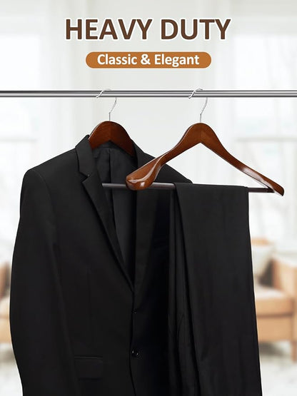 AMKUFO Wide Shoulder Wooden Hangers 8 Pack Coat Hanger with Non Slip Pants Bar, Heavy Duty Suit Hanger Wood Clothes Hangers with Smooth Finish 360° Swivel Hook for Sweater Jackets Shirts Walnut