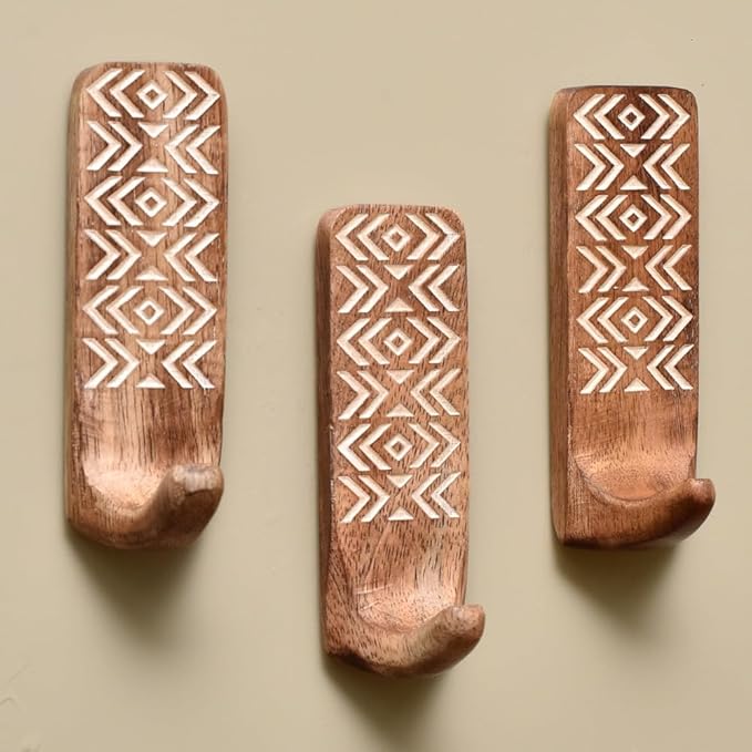 Indian Shelf Boho Decorative Wood Adhesive Wall Hooks for Hanging Coats, Keys, Leash, Hat, Towel Holder, Cute Sticky Key Holder, Brown & White Western Wall Décor (3 Hooks 6 Strips)