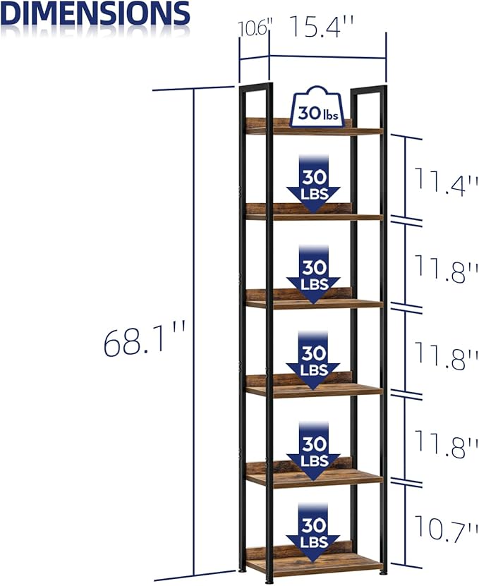 NUMENN Narrow Bookshelf, 6 Tier Bookshelves, Home Office Bookcase Shelf Storage Organizer, Free Standing Storage Shelving Unit for Bedroom, Living Room and Home Office, Vintage