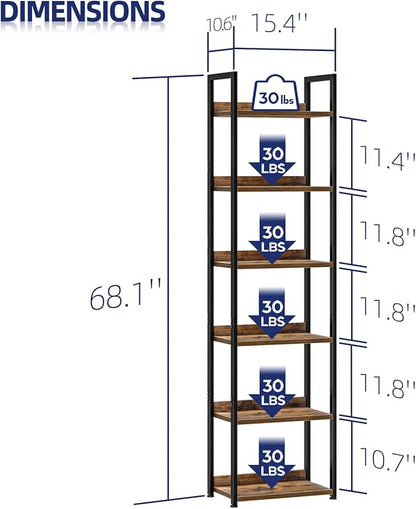 NUMENN Narrow Bookshelf, 6 Tier Bookshelves, Home Office Bookcase Shelf Storage Organizer, Free Standing Storage Shelving Unit for Bedroom, Living Room and Home Office, Vintage