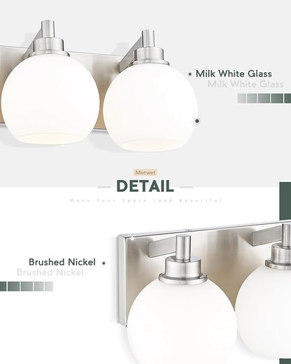 Bathroom Light Fixtures, 3-Light Brushed Nickel Vanity Light, Modern Wall Sconces with Milk White Globe Glass Shade, Vanity Lighting Fixtures Over Mirror, VL195-BN-ML-3