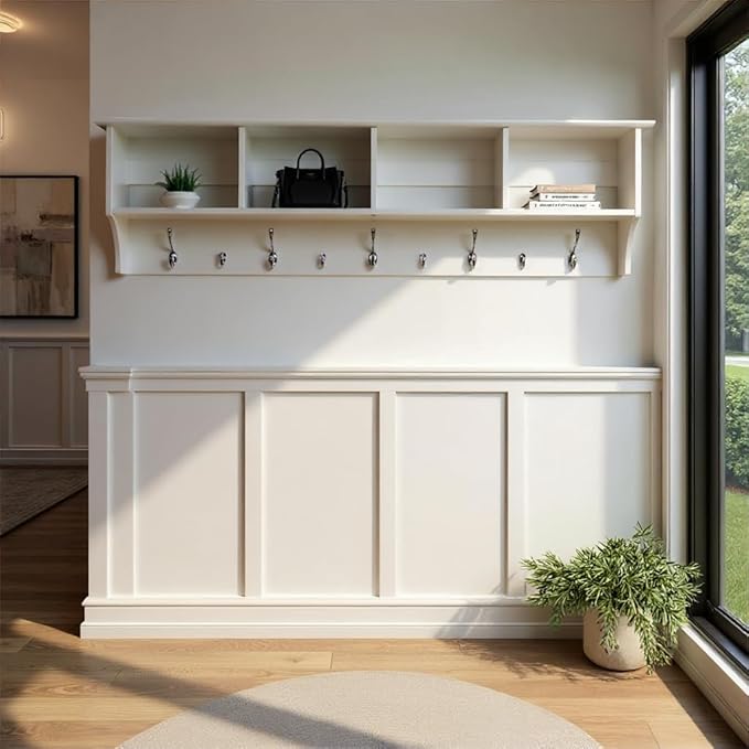 Prepac 60" Contemporary Wall Mounted Coat Rack, Coat Hooks Wall Mount with 4 Shelves, Ideal for Hallway or Entryway Hanging Solution, 11.5"D x 60"W x 16.5"H, White