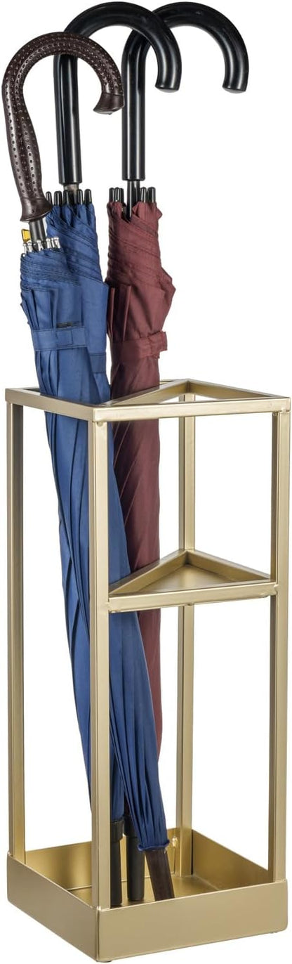 Umbrella Stand,Umbrella Holder for Entryway,20 Inch Tall Modern Brass Tone Metal Geometric Freestanding Entryway Umbrella Rack or Cane Holder with Shelf for Small Umbrellas and Bottom Drip Tray