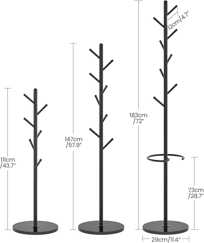 CHOEZON Coat Rack Freestanding, Coat Rack with Umbrella Holder, Coat Hanger Stand with 8 Hooks, Coat Tree with Marble Base, 3 Adjustable Size, for Entryway, Living Room, Bedroom Marble Black TYM09BD