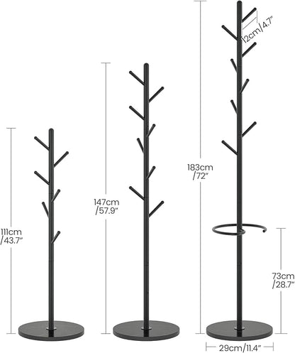 CHOEZON Coat Rack Freestanding, Coat Rack with Umbrella Holder, Coat Hanger Stand with 8 Hooks, Coat Tree with Marble Base, 3 Adjustable Size, for Entryway, Living Room, Bedroom Marble Black TYM09BD