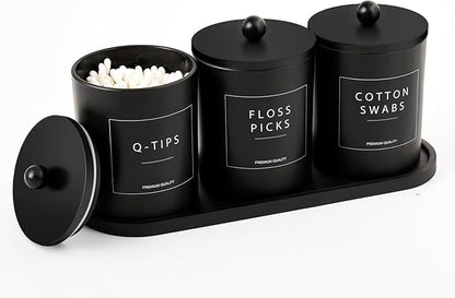 Glass Qtip Holder for Bathroom, Black Cotton Round Holder Swab Pad Dispenser with Lids, Floss Pick Holder with Bamboo Tray, Apothecary Jars with Scoop, Set of 3