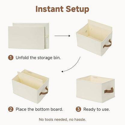 StorageWorks Storage Baskets for Shelves, Foldable Fabric Closet Storage Bins with PU Handles, Fabric Storage Bins Clothes Organizer, Ivory White, 3-Pack, Small