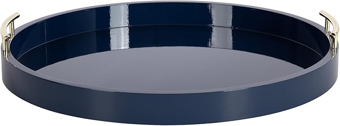 Kate And Laurel Lipton Modern Round Ottoman Tray; 22 Inch Diameter; Navy and Gold; Decorative Circle Coffee Table Tray for Living Room Decor or Large Serving Tray