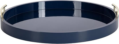Kate And Laurel Lipton Modern Round Ottoman Tray; 22 Inch Diameter; Navy and Gold; Decorative Circle Coffee Table Tray for Living Room Decor or Large Serving Tray