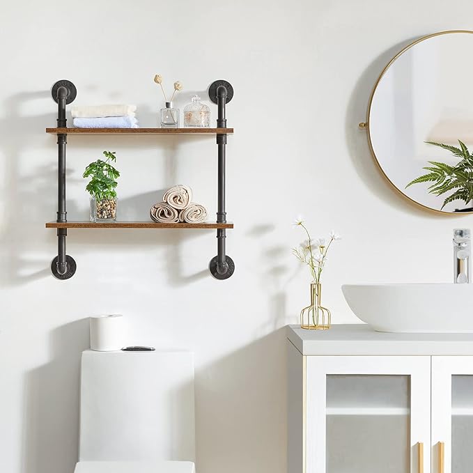 YMYNY Industrial Pipe Shelf Bracket, 2 Tiers Retro Wall Mounted Floating Shelf, Wood DIY Bookshelf, Storage Shelves for Living Room, Bedroom, 24" Farmhouse Bathroom Shelving, HD-UHRF-TM004