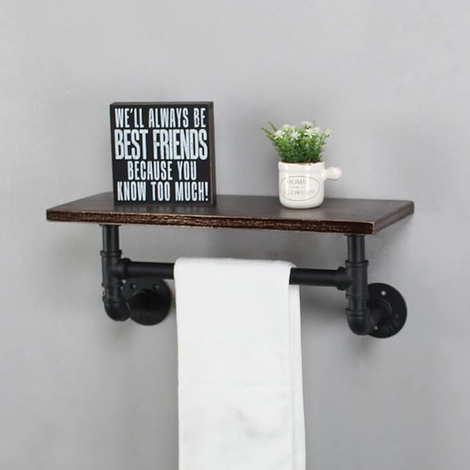 Industrial Pipe Shelf Bathroom Shelves Wall Mounted,19.6in Rustic Wood Shelf with Towel Bar,1 Tier Farmhouse Towel Rack Over Toilet,Pipe Shelving Floating Shelves Towel Holder,Retro Black