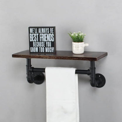 Industrial Pipe Shelf Bathroom Shelves Wall Mounted,19.6in Rustic Wood Shelf with Towel Bar,1 Tier Farmhouse Towel Rack Over Toilet,Pipe Shelving Floating Shelves Towel Holder,Retro Black