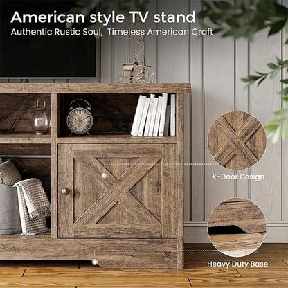 Casaottima TV Stand for 65 Inch TV, Farmhouse Entertainment Center with Power Outlet & LED Light and Storage Cabinets, Console Table and Media Furniture for Living Room Bedroom, Gray Oak