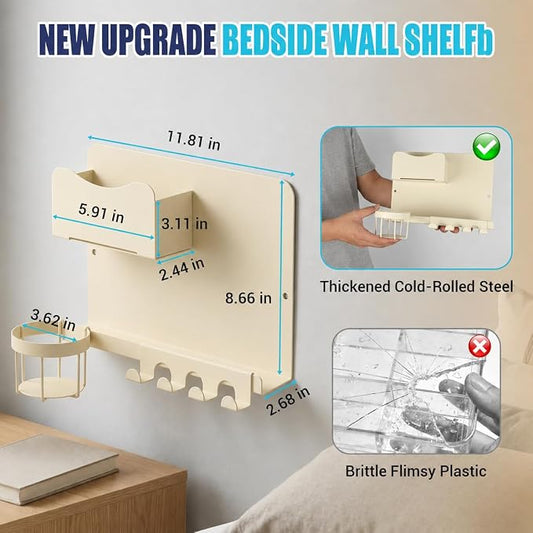 Metal Bedside Wall Shelf, Bedside Floating Shelf Wall Organizer with Detachable Cup Holder, No Drill Wall Mount for Bedroom, Dorm Room Decor, Nightstand Alternative, Bunk Bed Accessories, RV Storage