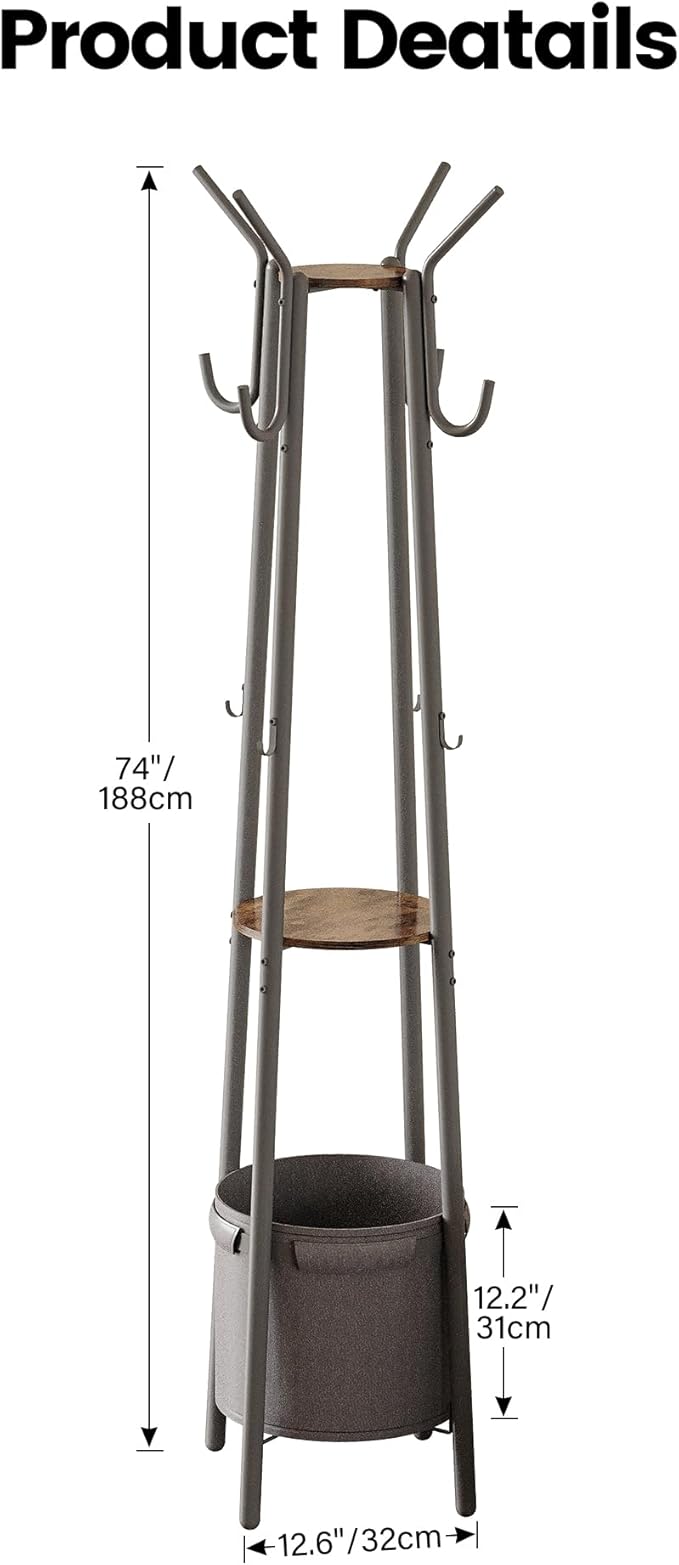 Homeiju Coat Rack Freestanding with Storage Basket & 12 Hooks, Heavy Duty Hall Tree for Entryway, Standing Coat Rack with Shelf for Hallway, Bedroom, Office Organization
